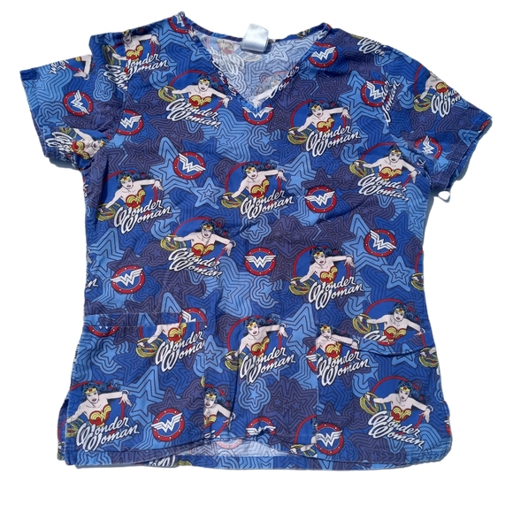 wonder woman Tops - Wonder woman blue scrub top size small